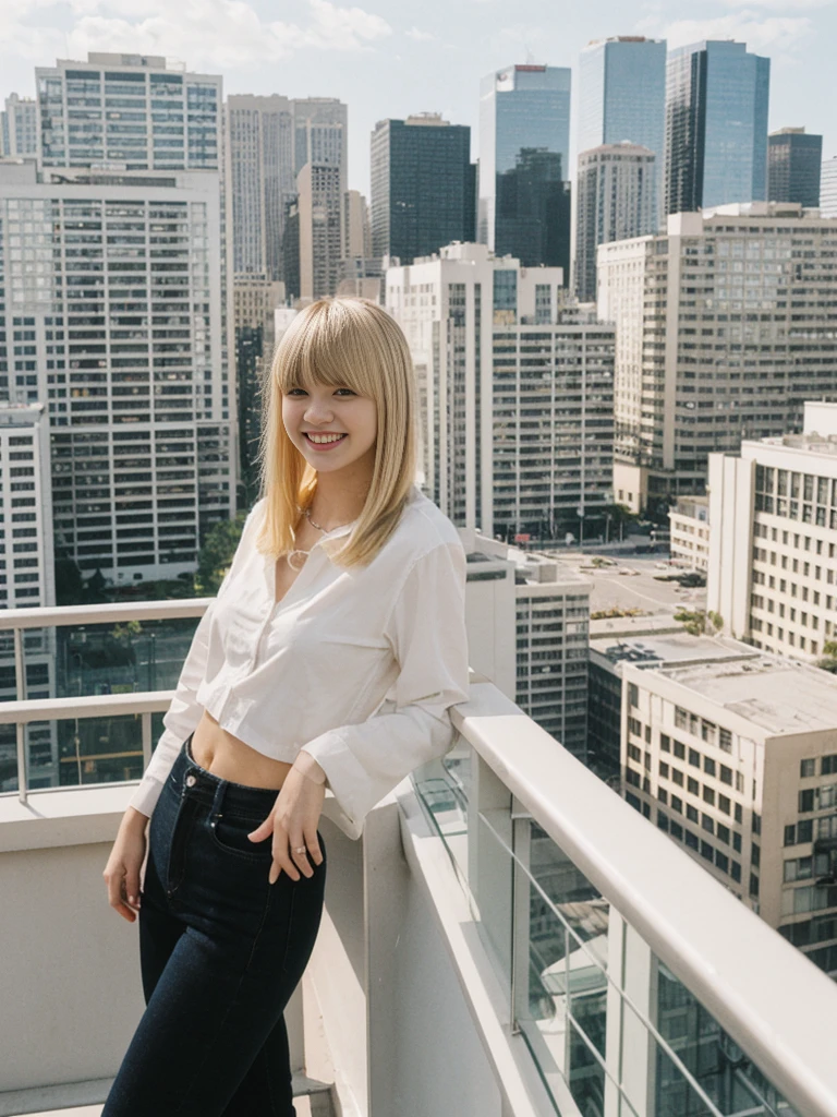 her name is Alliyah, high quality, 1girl, ((20-year-old fit Caucasian woman)), ((20 years old)), ((fit)), ((medium blonde with bangs)), pose: standing, wearing stylish random trend Generation-Z modern wear, BACKGROUND: overlooking city streets, ugly smiling, POSE: standing