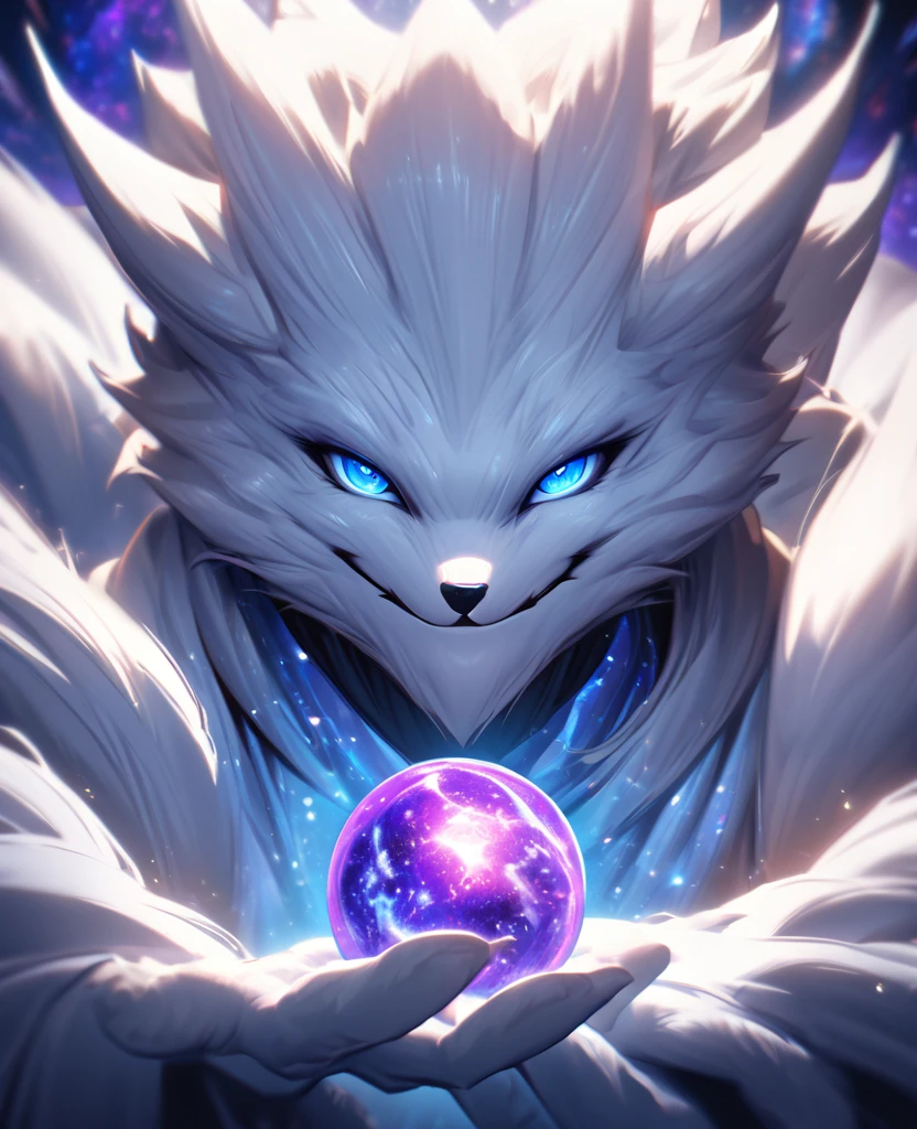 A white fox Young with realistic blue eyes that blur a blue galaxy, with lots of white fur,Looking in front of the viewer smiling softly,He smugly raises one hand and the first finger shows an awakened power, A purple sphere remains above his raised finger.