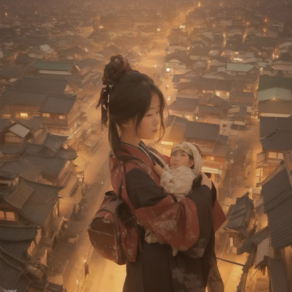 Anime girl looking out over the city at night, Jan J, artwork in the style of Gwaiz, Beautiful digital art, by Han Gan, Gwaiz, Written by Zou Zhe, Gwaiz on pixiv artstation, Beautiful artwork illustration, Gwaiz on artstation pixiv, Anime style digital art, Beautiful character drawingsBlazing flames, fire, crowd, throng, freezing, mother warming her baby.Scenery and Cityscape in the Early Meiji Era After the Meiji Restoration, Japan underwent rapid modernization and civilization. Consequently, many changes and reforms occurred. Below is a detailed explanation of the scenery, appearance of the poor, occupations, and cityscapes in the early Meiji period (1868 to the early 1880s). 2. Appearance of the Poor Life for the impoverished and lower classes remained harsh. In particular, in urban areas, people migrated from rural areas or unemployed artisans gathered, intensifying competition in the labor market. Many of them struggled with poverty, often residing in slums or around temples. 3. Occupations Meiji early Japan witnessed a diversification of occupations. Traditional agriculture and handicrafts were accompanied by the rise of modern industry and commerce. Particularly in urban areas, factory workers, shop clerks, and transporters increased, giving rise to new professions. However, many in these occupations endured harsh working conditions. 4. Influence of Civilization and Enlightenment During the Meiji era, Western cultural influences spread rapidly. Changes in clothing, dietary habits, and the proliferation of Western-style architecture advanced, especially in urban areas. Conversely, this development posed a threat to traditional culture and lifestyles, resulting in societal upheaval and adaptation challenges. 5. Social Change and Policy Influence While promoting modernization policies, the government also addressed poverty and social issues. Legislation for labor protection and charitable activities to aid the poor were implemented. Nevertheless, living conditions for the impoverished scarcely improved. The early Meiji period marked a rapid transformation in Japan, wi