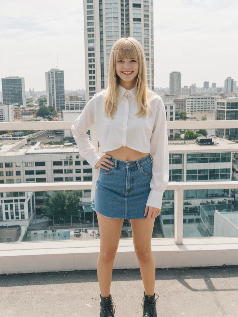 her name is Alliyah, high quality, 1girl, ((20-year-old fit Caucasian woman)), ((20 years old)), ((fit)), ((medium blonde with bangs)), pose: standing, wearing stylish colorful trend Generation-Z modern wear, BACKGROUND: overlooking city streets, ugly smiling, POSE: standing
