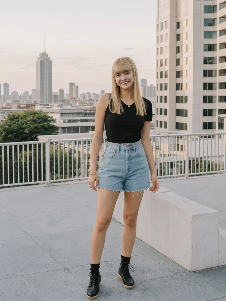 her name is Alliyah, high quality, 1girl, ((20-year-old fit Caucasian woman)), ((20 years old)), ((fit)), ((medium blonde with bangs)), pose: standing, wearing stylish colorful trend Generation-Z modern wear, BACKGROUND: overlooking city streets, ugly smiling, POSE: standing
