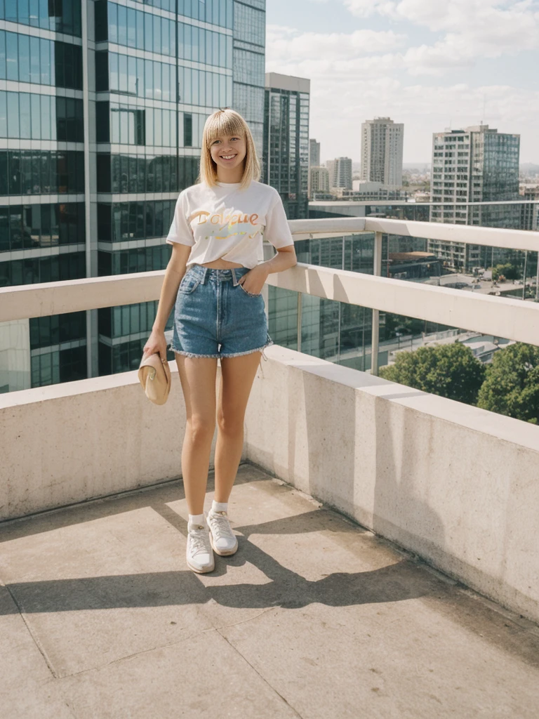 her name is Alliyah, high quality, 1girl, ((20-year-old fit Caucasian woman)), ((20 years old)), ((fit)), ((medium blonde with bangs)), pose: standing, wearing stylish colorful trend Generation-Z modern wear, BACKGROUND: overlooking city streets, ugly smiling, POSE: standing
