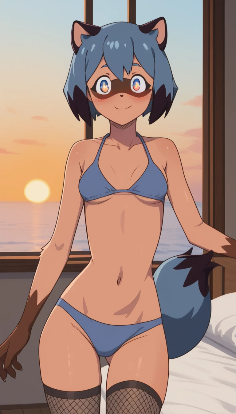 Excited expression, 1girl, anthro, furry, fur, fluffy fur, michiru kagemori, short hair, black hair, blue hair, multicolored hair, raccoon girl, raccoon tail, tail, (19 years), medium breast, thighs, solo, (bedroom), sunset, detailed, blue bikini , fishnet stockings, wide smile (closed mouth), looking at the viewer, blush, score_9, score_8_up, score_7_up, score_6_up, score_5_up, score_4_up