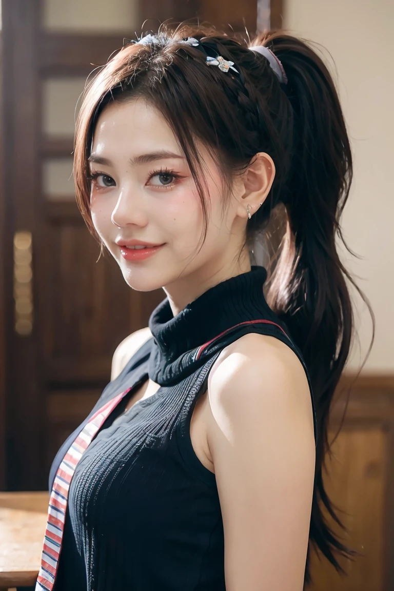 Sleeveless, Ponytail, Japan Girls, 8K, LAW Photos, Top Quality, Masterpiece, Realistic, Photorealistic Super Detail, One Girl, Cute, Best Smile, Beautiful Eyes, Long Hair, Perfect Facial Features,