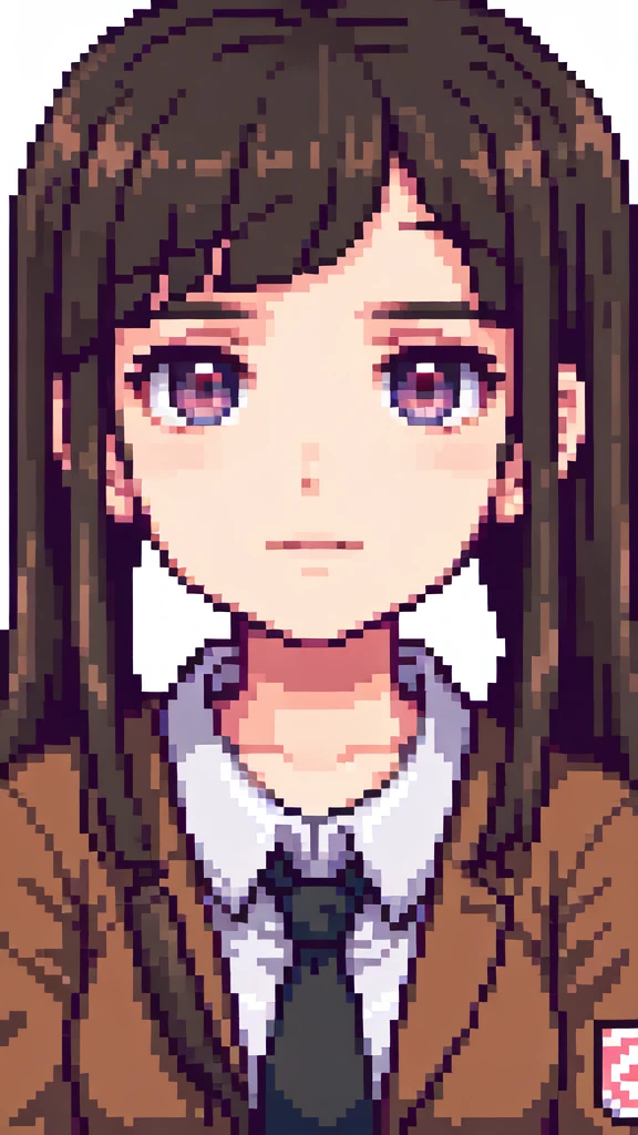 anime girl with long black hair wearing a brown jacket and red tie, anime visual of a cute girl, iwakura lain, anime moe artstyle, akane owari danganronpa, by Jin Homura, extremely cute anime girl face, with huge luminous sad eyes, shikamimi, close up iwakura lain, gapmoe yandere, full body