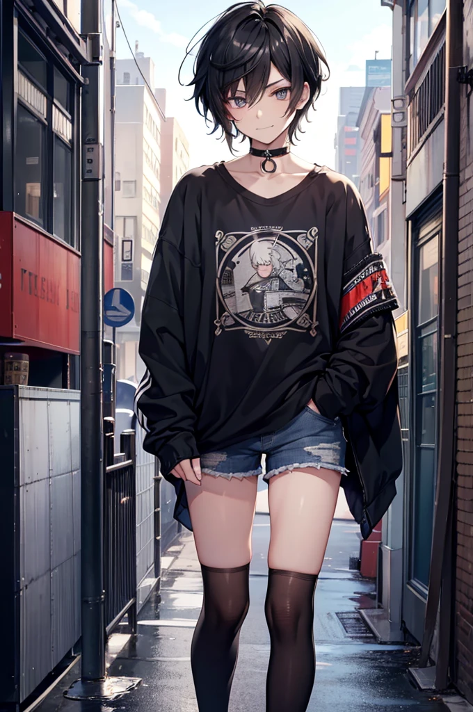 1.5, best quality, high quality, High definition, High quality texture, high detail, beautiful detailed, finely detailed, extremely detailed cg, detailed texture, 1man, boy, male, ((casual)), streetwear, androgynous, black hair, medium length hair, smirking, charmer, cute, in club, shorts, choker, punk