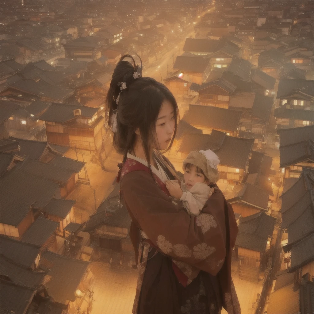 Anime girl looking out over the city at night, Jan J, artwork in the style of Gwaiz, Beautiful digital art, by Han Gan, Gwaiz, Written by Zou Zhe, Gwaiz on pixiv artstation, Beautiful artwork illustration, Gwaiz on artstation pixiv, Anime style digital art, Beautiful character drawingsBlazing flames, fire, crowd, throng, freezing, mother warming her baby.Scenery and Cityscape in the Early Meiji Era After the Meiji Restoration, Japan underwent rapid modernization and civilization. Consequently, many changes and reforms occurred. Below is a detailed explanation of the scenery, appearance of the poor, occupations, and cityscapes in the early Meiji period (1868 to the early 1880s). 2. Appearance of the Poor Life for the impoverished and lower classes remained harsh. In particular, in urban areas, people migrated from rural areas or unemployed artisans gathered, intensifying competition in the labor market. Many of them struggled with poverty, often residing in slums or around temples. 3. Occupations Meiji early Japan witnessed a diversification of occupations. Traditional agriculture and handicrafts were accompanied by the rise of modern industry and commerce. Particularly in urban areas, factory workers, shop clerks, and transporters increased, giving rise to new professions. However, many in these occupations endured harsh working conditions. 4. Influence of Civilization and Enlightenment During the Meiji era, Western cultural influences spread rapidly. Changes in clothing, dietary habits, and the proliferation of Western-style architecture advanced, especially in urban areas. Conversely, this development posed a threat to traditional culture and lifestyles, resulting in societal upheaval and adaptation challenges. 5. Social Change and Policy Influence While promoting modernization policies, the government also addressed poverty and social issues. Legislation for labor protection and charitable activities to aid the poor were implemented. Nevertheless, living conditions for the impoverished scarcely improved. The early Meiji period marked a rapid transformation in Japan, wi