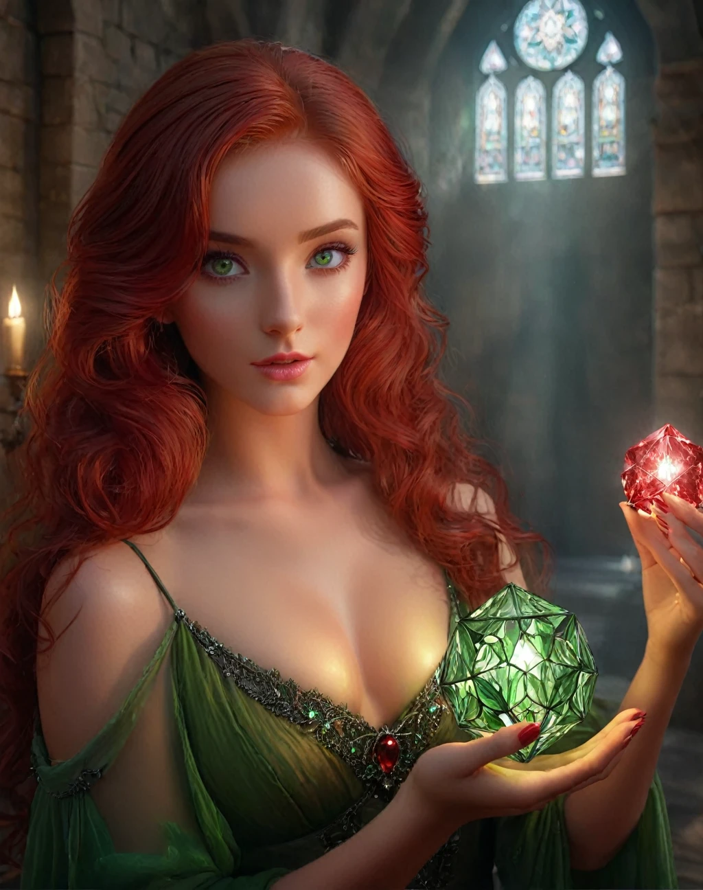 a beautiful woman with red hair and green eyes, lily evans, revived with the philosopher's stone, holding a red crystal, highly detailed, cinematic lighting, hyperrealistic, digital painting, masterpiece, 8k, award winning, ethereal, dramatic, intricate details, luminous, mesmerizing, elegant, mystical, cinematic lighting, vivid colors, atmospheric, photorealistic