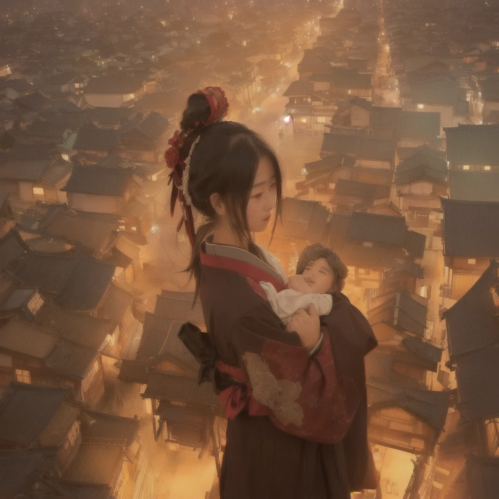 Anime girl looking out over the city at night, Jan J, artwork in the style of Gwaiz, Beautiful digital art, by Han Gan, Gwaiz, Written by Zou Zhe, Gwaiz on pixiv artstation, Beautiful artwork illustration, Gwaiz on artstation pixiv, Anime style digital art, Beautiful character drawingsBlazing flames, fire, crowd, throng, freezing, mother warming her baby.Scenery and Cityscape in the Early Meiji Era After the Meiji Restoration, Japan underwent rapid modernization and civilization. Consequently, many changes and reforms occurred. Below is a detailed explanation of the scenery, appearance of the poor, occupations, and cityscapes in the early Meiji period (1868 to the early 1880s). 2. Appearance of the Poor Life for the impoverished and lower classes remained harsh. In particular, in urban areas, people migrated from rural areas or unemployed artisans gathered, intensifying competition in the labor market. Many of them struggled with poverty, often residing in slums or around temples. 3. Occupations Meiji early Japan witnessed a diversification of occupations. Traditional agriculture and handicrafts were accompanied by the rise of modern industry and commerce. Particularly in urban areas, factory workers, shop clerks, and transporters increased, giving rise to new professions. However, many in these occupations endured harsh working conditions. 4. Influence of Civilization and Enlightenment During the Meiji era, Western cultural influences spread rapidly. Changes in clothing, dietary habits, and the proliferation of Western-style architecture advanced, especially in urban areas. Conversely, this development posed a threat to traditional culture and lifestyles, resulting in societal upheaval and adaptation challenges. 5. Social Change and Policy Influence While promoting modernization policies, the government also addressed poverty and social issues. Legislation for labor protection and charitable activities to aid the poor were implemented. Nevertheless, living conditions for the impoverished scarcely improved. The early Meiji period marked a rapid transformation in Japan, wi