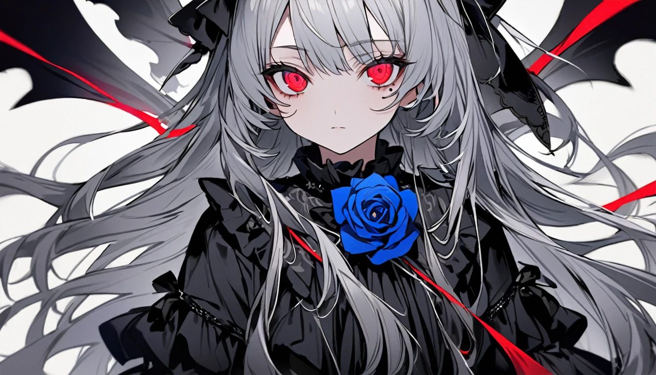 1 Gothic Lolita fashion teen girl character。gray hair color、Glowing red eyes、Long Hair、There is a mole under the left eye。Upper Body、Without background、Depict people only。bluerose、Blue rose