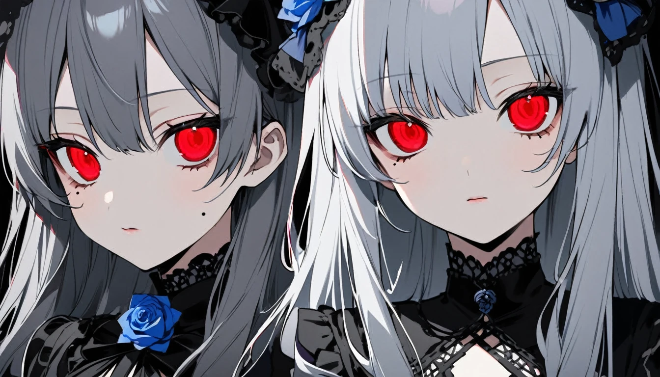 1 Gothic Lolita fashion teen girl character。gray hair color、Glowing red eyes、Long Hair、There is a mole under the left eye。Upper Body、Without background、Depict people only。bluerose、Blue rose