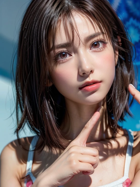 ((anatomically correct, There are five fingers, Raise own index finger:1.2, Index finger in front of mouth:1.2, Gesture of kissing own index finger, Kissing gesture, Poke out lips)), (masterpiece:1.2, Highest quality), (Beautiful, detailed eyes:1.2, Beautiful skin, Beautiful hair, Beautiful eyes, seductive eyes:1.2), ((Woman)), ((Asymmetrical short hair)), (Highly detailed CG, Super detailed, Best Shadow:1.1), ((Depth of written boundary:1.1)), (Detailed eyes and face:1.3), ((watercolor)), beautiful concept figure, (figure:1.1), (Perfect detail:1.1), looking at viewer, Good posture and dignity, From the neck up, natural soft lighting, evening sunset, Highlights in the eyes, Very perfect and beautiful face, close up shot, glossy lips, Bare shoulders, (vibrant colors, vivid colors background:1.2),