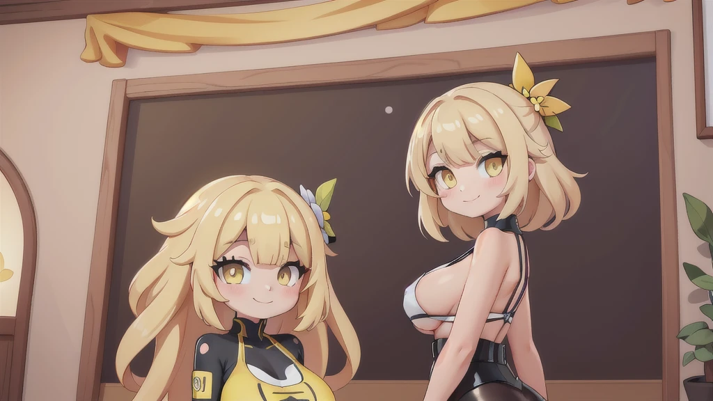 pokemoncynthia, blonde hair, hair ornament, hair over one eye, long hair, (yellow eyes:1.5), (sensitive smile:1.2), (full tight latex bodysuit),looking at viewer, (Upper body:1.1),(Look at the front:1.1), indoor hall,((masterpiece)),((best quality)), high resolution,8k UHD,(beautiful detailed eyes:1.5), extremely detailed face,ultra detailed,perfect anatomy,arms behind back,((solo)),((1 girl)),(large breasts:1.5),perfect image,slim waist,