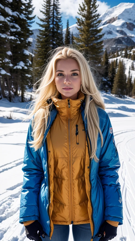 Emily Hart, 23 years old, blonde hair, long hair, skiing in Sierra Nevada, perfect skin.