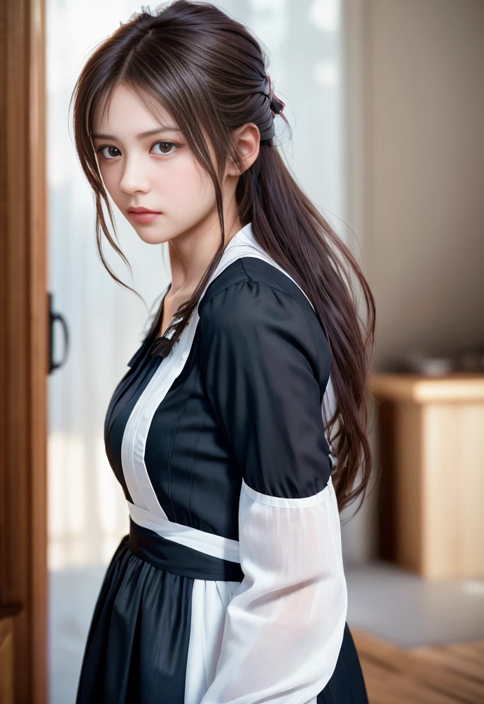 8K, of the highest quality, masutepiece:1.2), (Realistic, Photorealsitic:1.37), of the highest quality, masutepiece, Beautiful young woman, Pensive expression, Thoughtful look, Cute Maid Clothes, Hair tied back, Messy mood, Cinematic background, Tired, Light skin tone