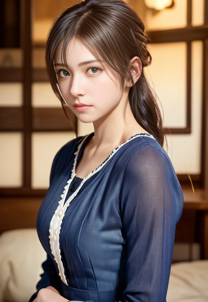 8K, of the highest quality, masutepiece:1.2), (Realistic, Photorealsitic:1.37), of the highest quality, masutepiece, Beautiful young woman, Pensive expression, Thoughtful look, Cute Maid Clothes, Hair tied back, Messy mood, Cinematic background, Tired, Light skin tone