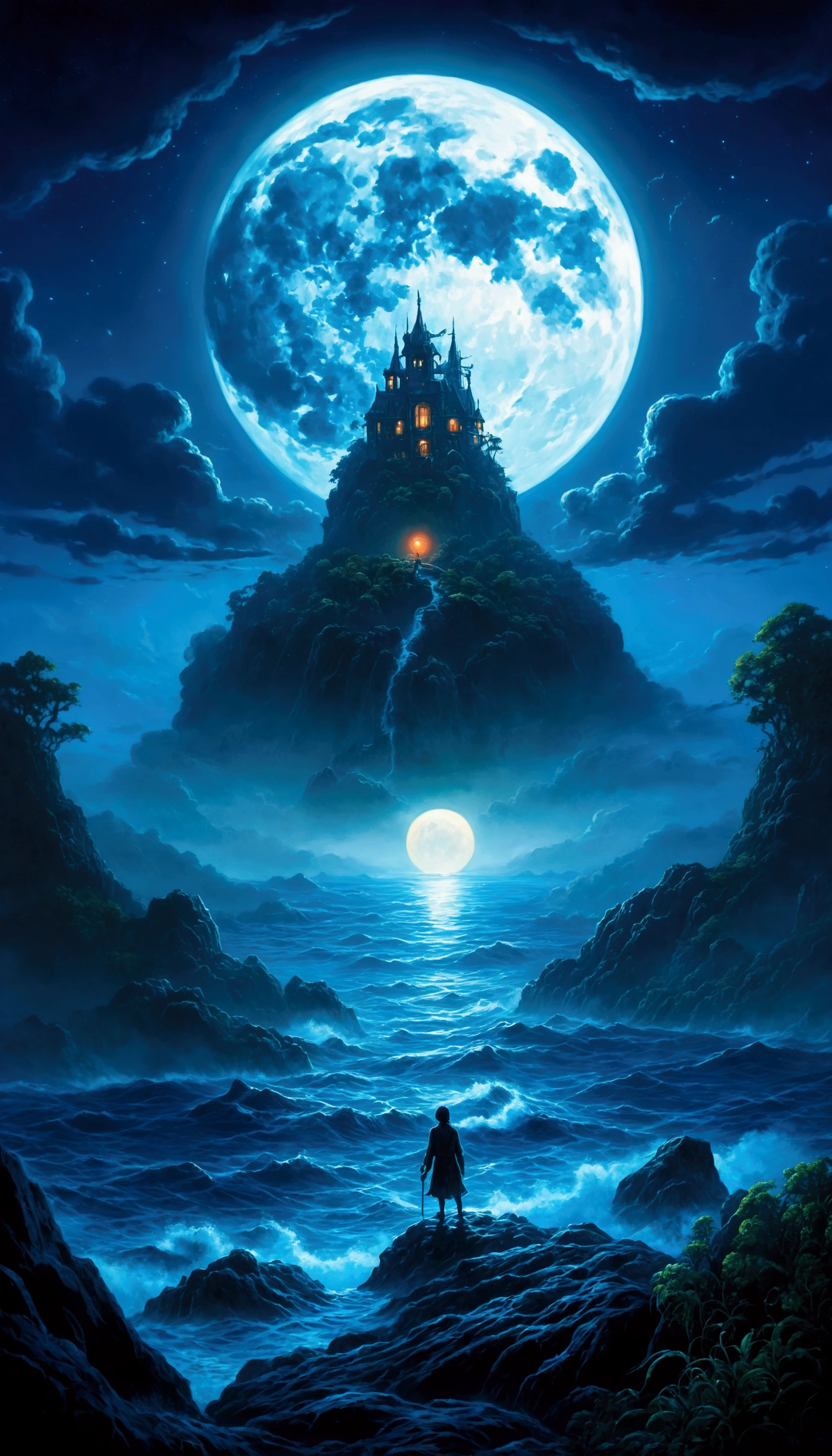 masterpiece, anime style, oil painting, award winning, centered, cinematic scene, Lovecraftian horror, vibrant illustration, cosmic horror, mysterious island, shrouded in fog, surrounded by water, wide shot, HD, 