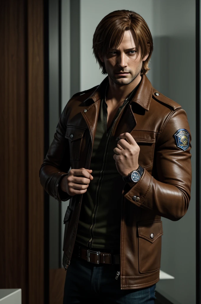 Leon S Kennedy looking at his watch because he is going to be late for his first day of work at the police station.