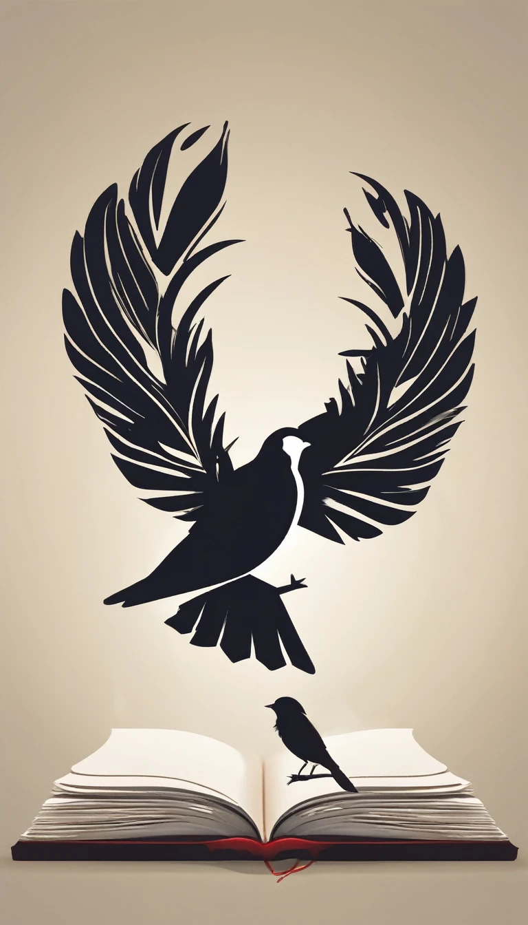 Create a modern, minimalistic logo design for a brand about music and movies called " Penamemoria". The logo must be in minimalistic style and convey a sense of storytelling. The logo is the silhouette of a boy and a bird. The boy is running with open arms, holding an acoustic guitar in the right hand and a bird feather in the left hand. Minimalistic logo design impressed on a book cover