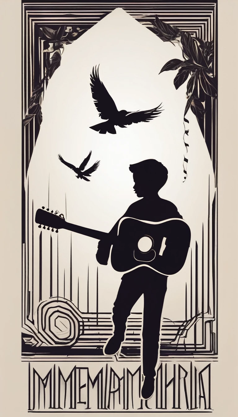 Create a modern, minimalistic logo design for a brand about music and movies called " Penamemoria". The logo must be in minimalistic style and convey a sense of storytelling. The logo is the silhouette of a boy and a bird. The boy is running with open arms, holding an acoustic guitar in the right hand and a bird feather in the left hand. Minimalistic logo design impressed on a book cover