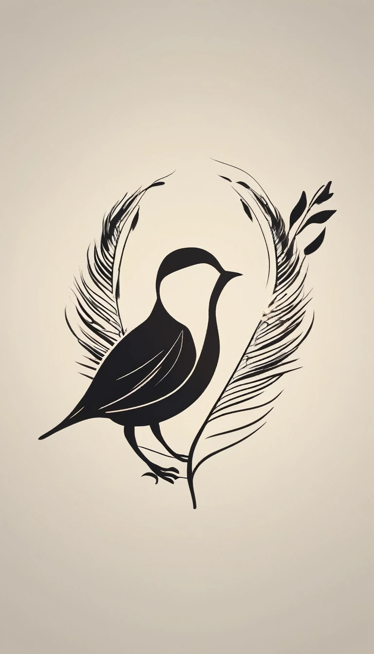 Create a modern, minimalistic logo design for a brand about music and movies called " Penamemoria". The logo must be in minimalistic style and convey a sense of storytelling. The logo is the silhouette of a boy and a bird. The boy is running with open arms, holding an acoustic guitar in the right hand and a bird feather in the left hand. Minimalistic logo design impressed on a book cover