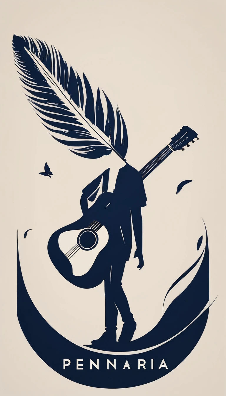 A minimal, modern, simple, cinematic logo design for the brand “Penamemoria". The logotype of a boy with a head of a feather playing acoustic guitar. The logo must convey a sense of music, stories and dreams. Minimalistic logo design of a boy dissolving into a feather of dreams and memories