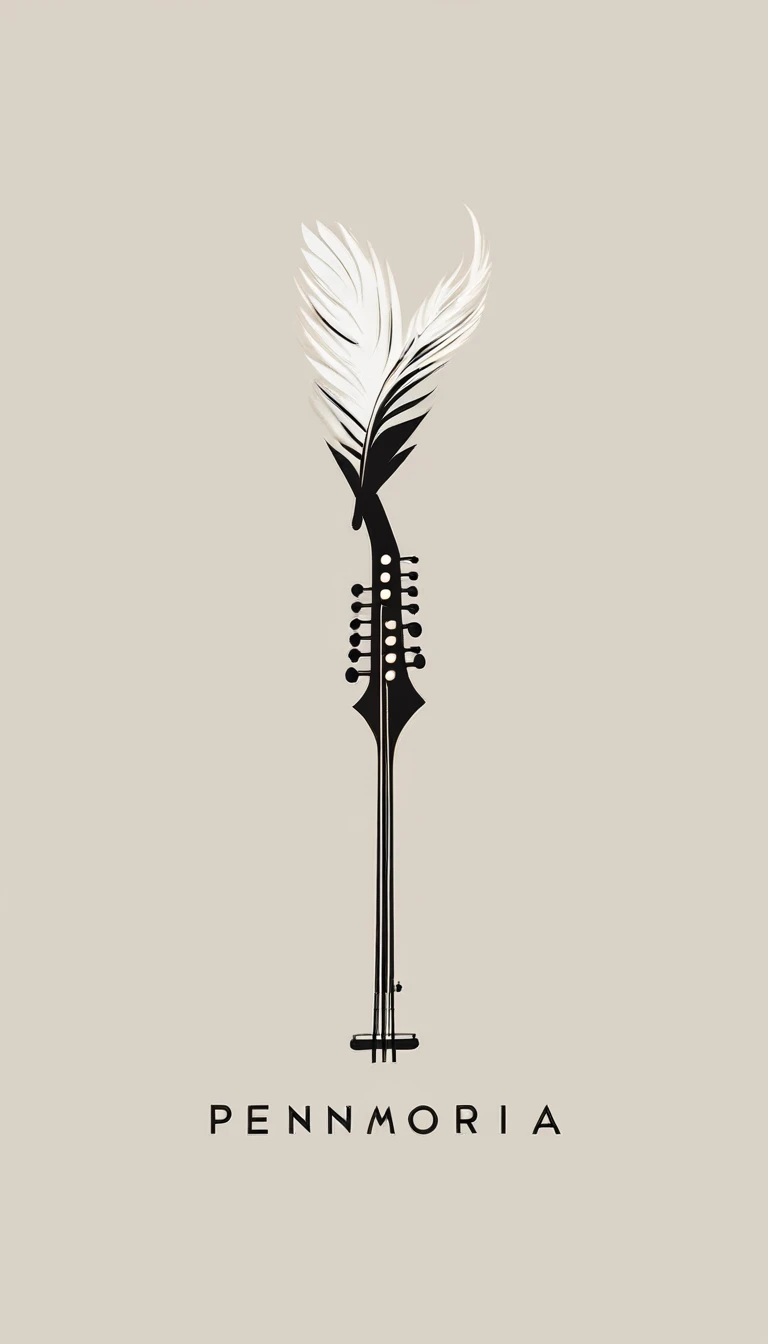 A minimal, modern, simple, cinematic logo design for the brand “Penamemoria". The logotype of a boy with a head of a feather playing acoustic guitar. The logo must convey a sense of music, stories and dreams. Minimalistic logo design of a boy dissolving into a feather of dreams and memories