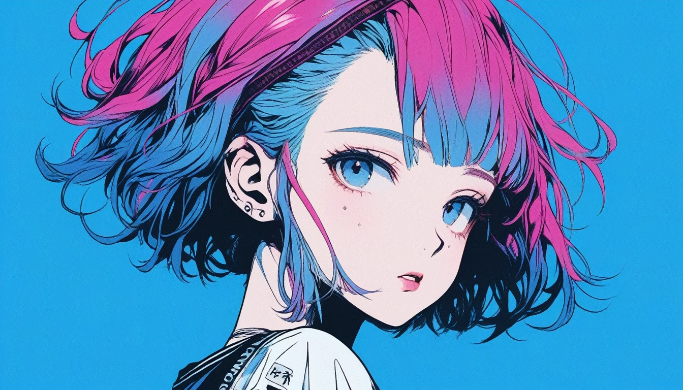 Illustrator, anime , Realistic ,sketch , 1 Girl, ,lip, ｔshirt，order, Blue gradient background, Neon Hair,Textured Trim, Canadian, (masterpiece,Highest quality) Cancer、Fold your arms behind your head