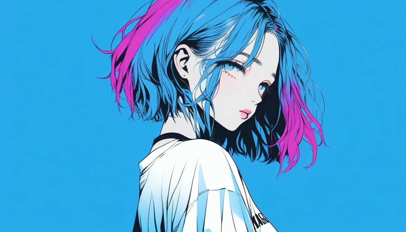 Illustrator, anime , Realistic ,sketch , 1 Girl, ,lip, tshirt,order, Blue gradient background, Neon Hair,Textured Trim, Canadian, (masterpiece,Highest quality) Cancer、Fold your arms behind your head