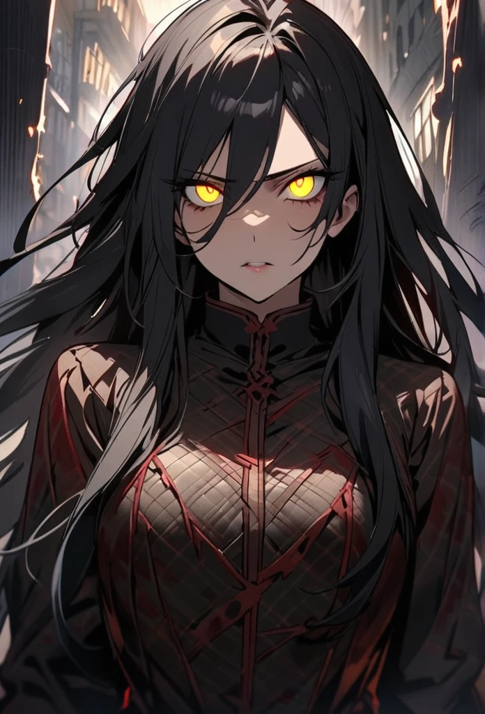 Black Hair, Solo, Looking at viewer, Masterpiece, main face, front face, yellow eyes, glowing eyes, mature, long hair, murder eyes
