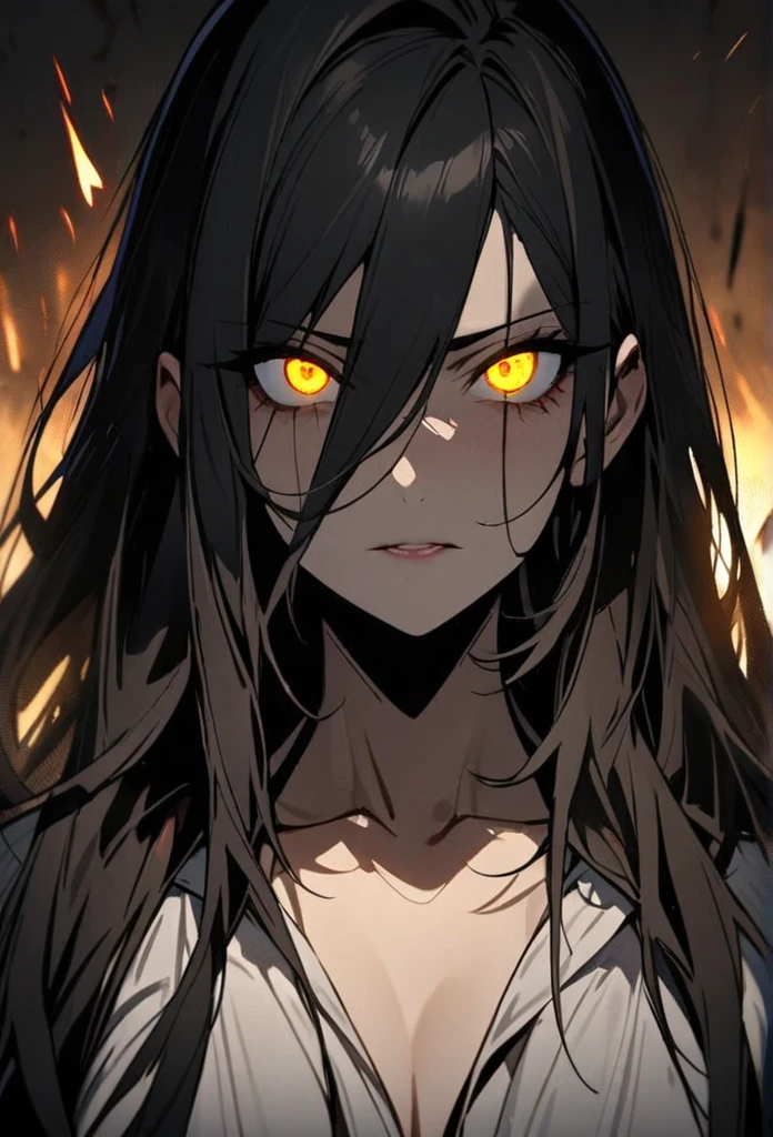 Black Hair, Solo, Looking at viewer, Masterpiece, main face, front face, yellow eyes, glowing eyes, mature, long hair, murder eyes