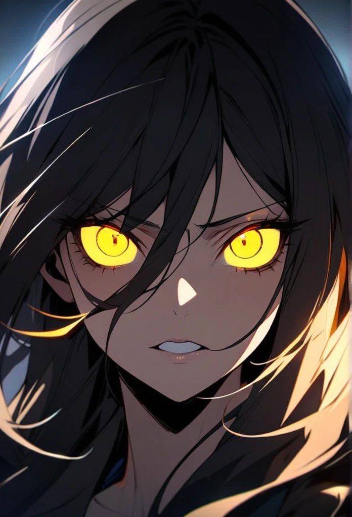 Black Hair, Solo, Looking at viewer, Masterpiece, main face, front face, yellow eyes, glowing eyes, mature, long hair, murder eyes