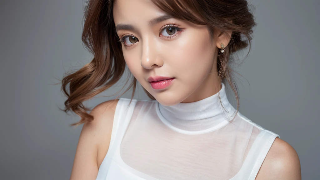 ((Detailed face)),vivid,chest,cute,A silky white outfit with a turtleneck and sleeveless top,4K,Ultra-high resolution,(Photorealistic:1.7),Gray background,Long Hair,