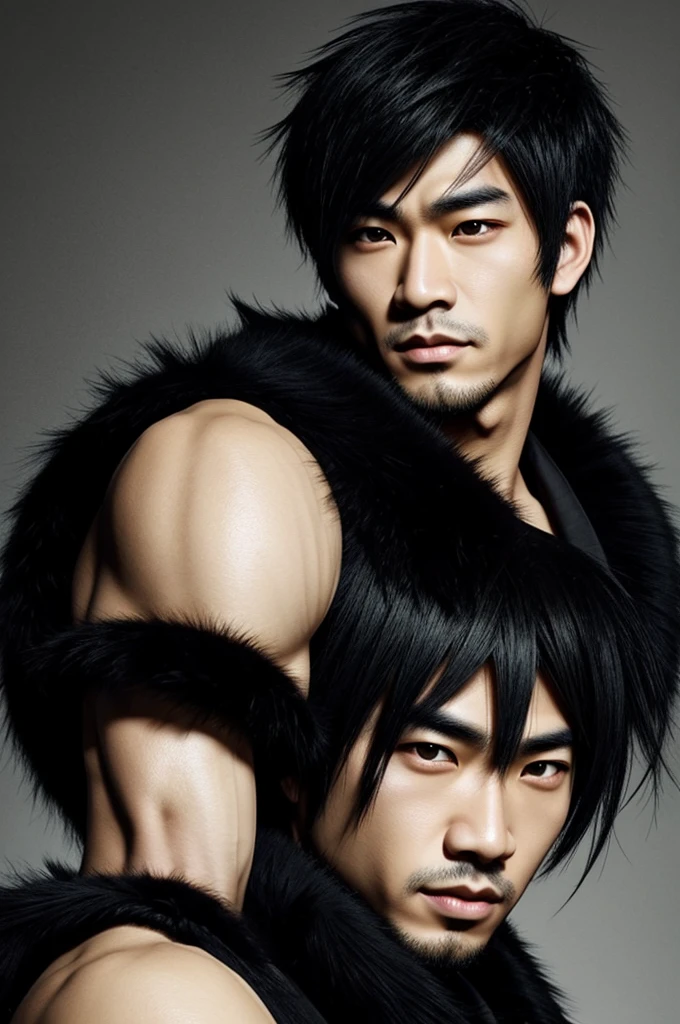 Create an Asian man with porcelain-light skin, slanted eyes, black fur, black clothes and black eyes, anime style.