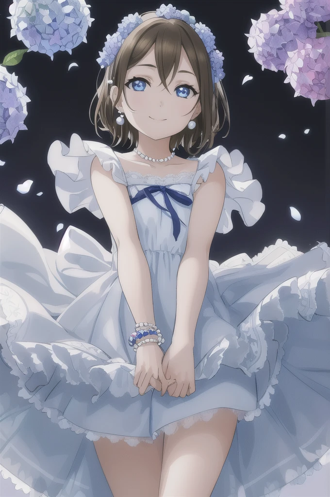 (Highest quality, masterpiece:1.2), One girl, alone, cute, smile, Detailed Background, (View your viewers, alone focus:1.2), Light on the face, null, blue null, sunlight, Lens flare, Depth of written boundary, scenery, Glowing Eyes, Mouth closed, Are standing, Cowboy Shot,
ANIH Dress, Ousaka Shizuku, jewelry, Short Hair, Brown Hair, blue eyes, Side Lock, Pearl Necklace, bangs, short hair, Rose, White Dress, Hair between the eyes, Earrings, Blue ribbon, Sleeveless dress, clavicle, star (symbol), Pearl Bracelet, star hair ornament, purple Rose, lace trim dress, beads, Ruffled Dress, White ribbon,
blister_particle, rain_Drop, cloud, (Hydrangea:1.4), Arms above the knee,
