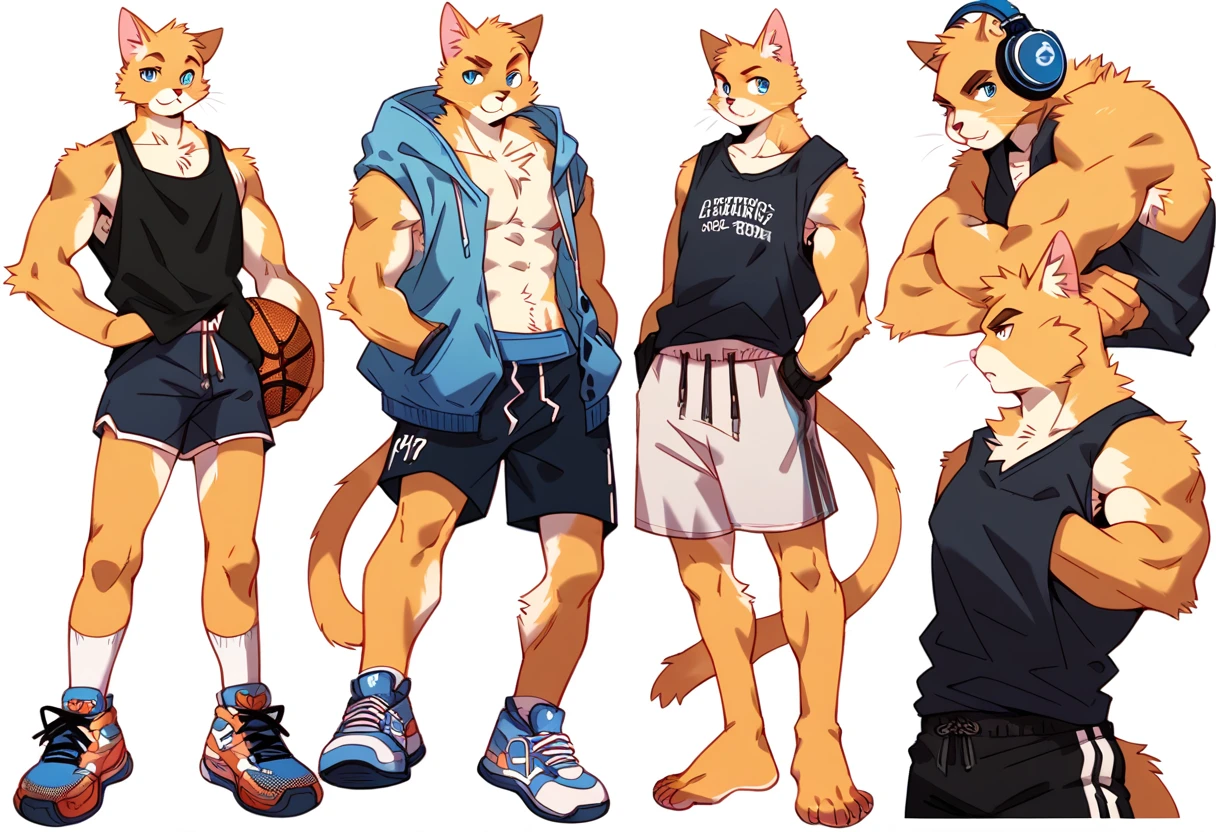 score_9, score_8_up, score_7_up, male, furry, high quality, hires, anthro, teenager, , domestic cat, basketball player, bright yellow fur, blue eyes, wide brown eyebrows, confidant expression, humanoid feet, slim body, prominent v-line, prominent abs, prominent legs, prominent forearm muscles, prominent knees, white background, treasure trail, armpit hair, furry legs, in various sexy poses, headphones, casual clothes, joggers, black tank top, shorts, showing off, jumping