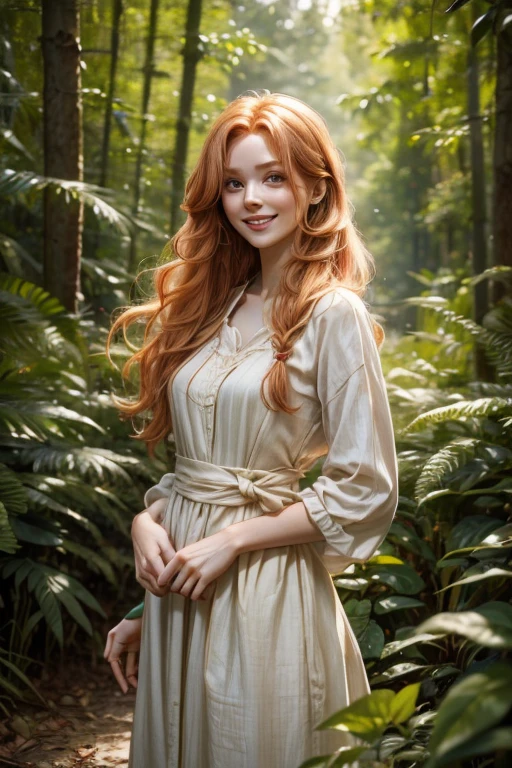58 year old Human long strawberry blonde hair, human female smiling in a forest with a pleasant expression. Blue, Brown, Green. Wearing a cotton and linen dress with multiple colors.
