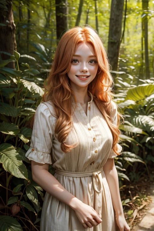 58 year old Human long strawberry blonde hair, human female smiling in a forest with a pleasant expression. Blue, Brown, Green. Wearing a cotton and linen dress with multiple colors.

