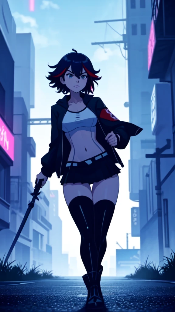 anime girl with a sword in a city street, ryuko matoi, female action anime girl, attractive matoi ryuko, demon anime girl, cyberpunk anime girl mech, kill la kill illustration, female cyberpunk anime girl, badass anime 8 k, from girls frontline, cyberpunk anime girl, from arknights, azur lane style, seductive anime girl, zerochan art