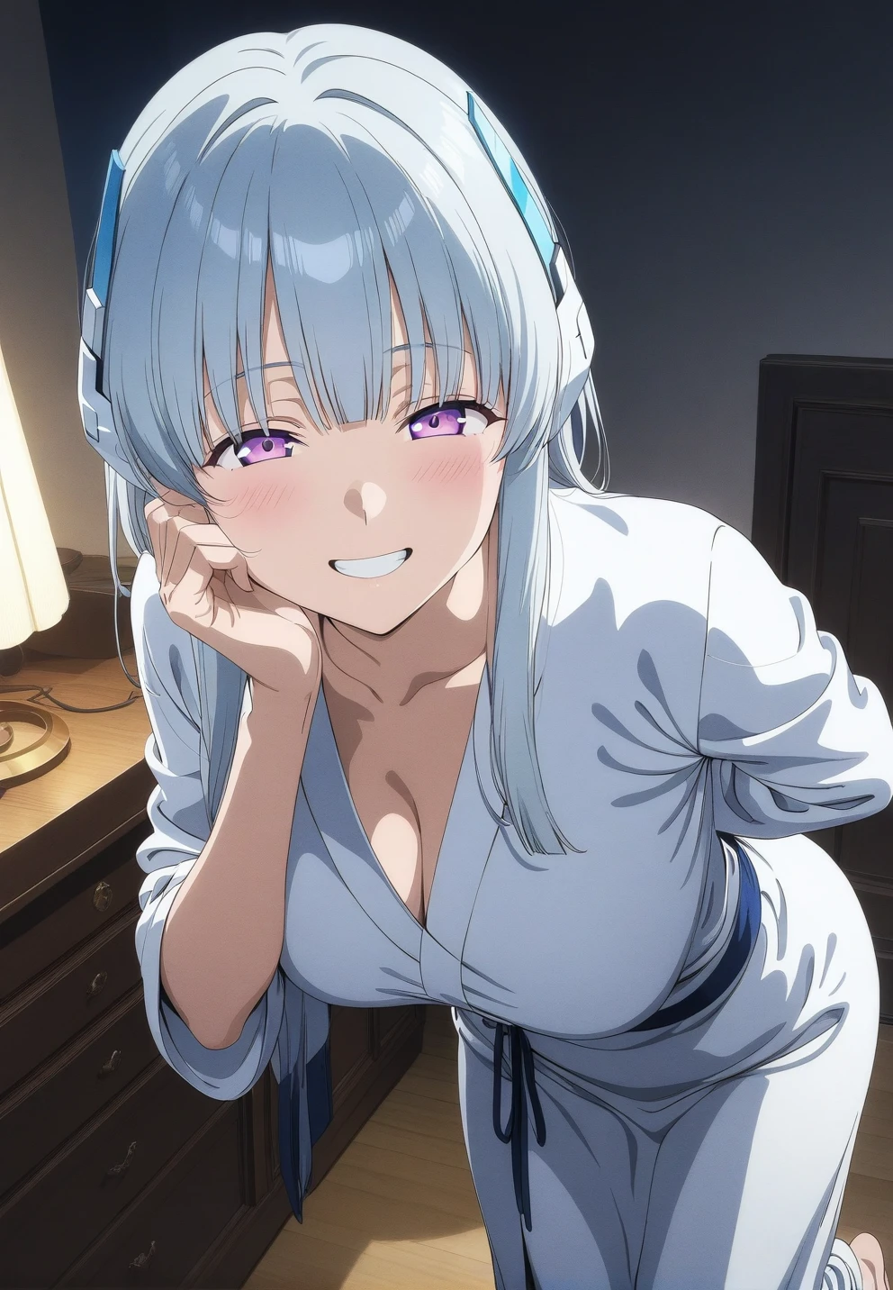 best quality, amazing quality, very aesthetic, absurdres, (1girl, noa, blue archive, solo, purpel eyes, white hair, big breasts), (realistic face:0.9),(robe:1.8), (grin, night, thigh:1.3), (cowboy shot), (glowing eyes), (half closed eyes:0.9), (from above0.7), (official art:1.3), (bent over, hand on own cheek, all fours:1.4), (blush), expressive eyes, perfect face, 4k, extremely detailed anime illustration, extremely detailed eyes, perfect anatomy, light rays, extremely delicate body, smooth skin, (bedroom background:1.5), clear eyes, beautiful face, smiling at viewer, (anime style:1.7), (cinematic Light:1.5), (highres:2), big breasts, best quality, amazing quality, very aesthetic, absurdres, (1girl, noa, blue archive, solo, purpel eyes, white hair, big breasts), (realistic face:0.9),(gown:1.8), (smile, night, thigh:1.3), (cowboy shot), (glowing eyes), (half closed eyes:0.9), (from above0.7), (official art:1.3), (bent over, arms behind back:1.4), (blush:0.7), expressive eyes, perfect face, 4k, extremely detailed anime illustration, extremely detailed eyes, perfect anatomy, light rays, extremely delicate body, smooth skin, (bedroom background:1.5), clear eyes, beautiful face, smiling at viewer, (anime style:1.7), (cinematic Light:1.5), (highres:2),
