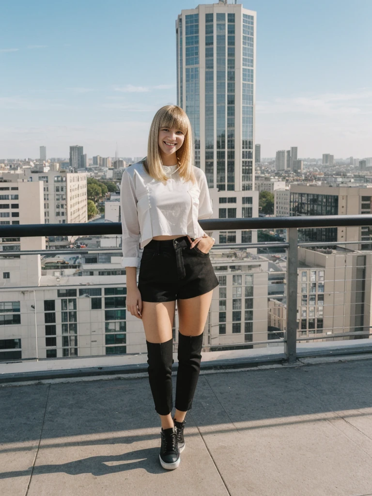 her name is Alliyah, high quality, 1girl, ((20-year-old fit Caucasian woman)), ((20 years old)), ((fit)), ((medium blonde with bangs)), pose: standing, wearing stylish colorful black trend Generation-Z modern wear, BACKGROUND: overlooking city streets, ugly smiling, POSE: standing