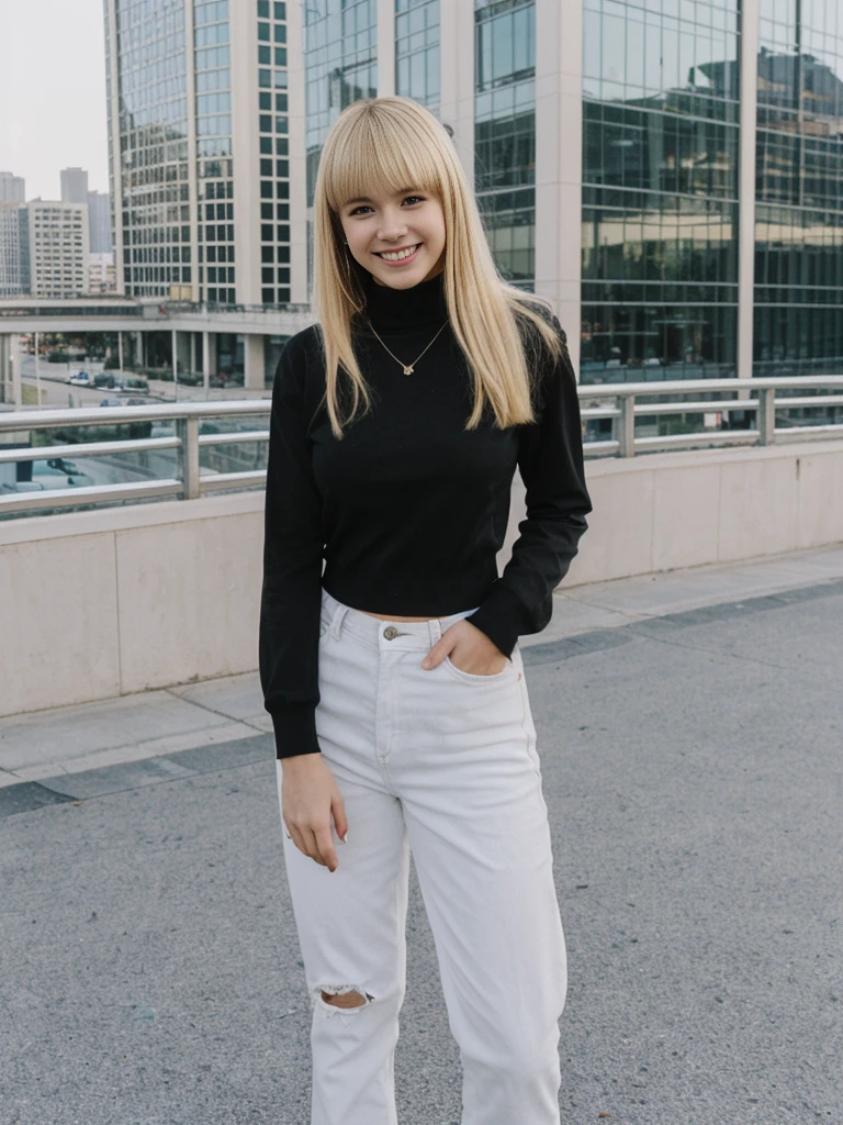 her name is Alliyah, high quality, 1girl, ((20-year-old fit Caucasian woman)), ((20 years old)), ((fit)), ((medium blonde with bangs)), pose: standing, wearing stylish colorful black trend Generation-Z modern wear, BACKGROUND: overlooking city streets, ugly smiling, POSE: standing
