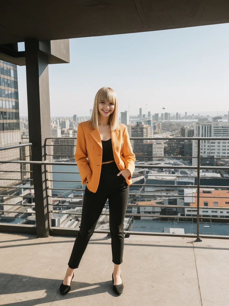 her name is Alliyah, high quality, 1girl, ((20-year-old fit Caucasian woman)), ((20 years old)), ((fit)), ((medium blonde with bangs)), pose: standing, wearing stylish colorful black trend Generation-Z modern wear, BACKGROUND: overlooking city streets, ugly smiling, POSE: standing