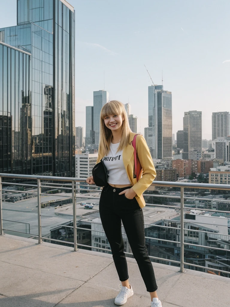 her name is Alliyah, high quality, 1girl, ((20-year-old fit Caucasian woman)), ((20 years old)), ((fit)), ((medium blonde with bangs)), pose: standing, wearing stylish colorful black trend Generation-Z modern wear, BACKGROUND: overlooking city streets, ugly smiling, POSE: standing
