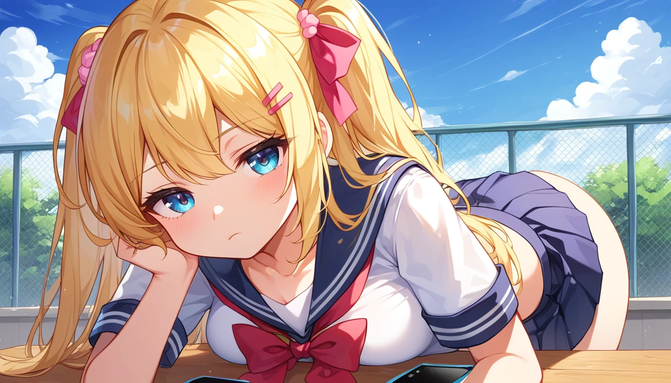 ((1girls:1.3)),((moe style:1.3)), ((school uniform:1.3)), ((bored look:1.3)), ((phone:1.3)), ((rooftop:1.3)), ((perfect face)), ((extremely cute:1.3)), ((masterpiece:1.3)), ((8k)), ((best quality:1.3)), ((beautiful)), ((extremely detailed:1.3)) , ((absurdres)), ((score_9:1.3)), ((score_8_up:1.3)), ((score_7_up:1.3)), AddXL,Expressiveh