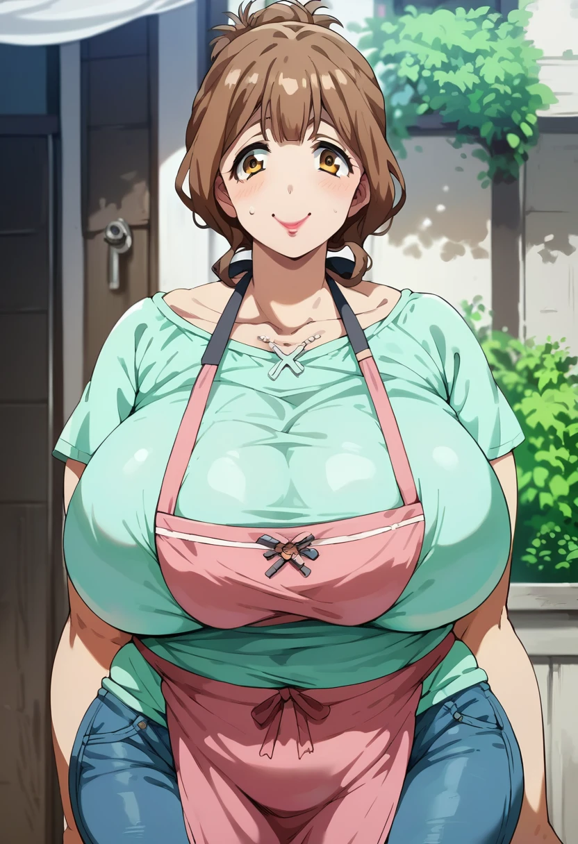 kazami torino,huge breasts,wide hip,thick thighs,plump,mature female,brown hair,updo,lipstick,tareme,light green shirt,pink apron,brue jeans