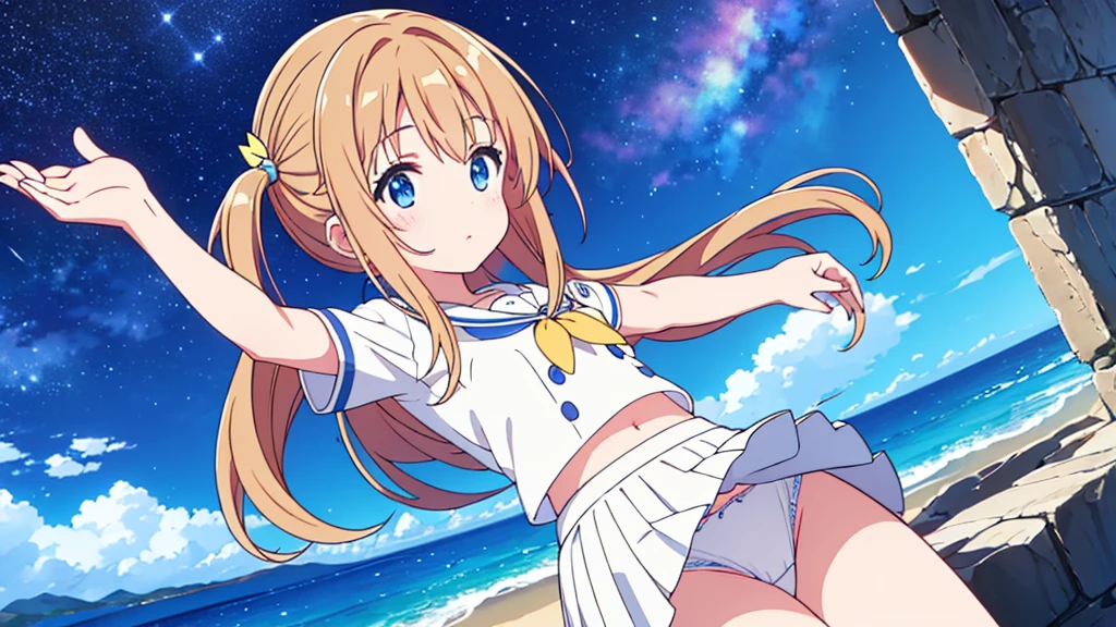 A nice white shirt that lets you see.. 、Light blue flared skirt with ruffles、She lifts her skirt with both hands to show off her pretty white underwear..、Cute white underwear visible when you lift your skirt..、sandy beach, beautiful sea, night and starry sky small breasts