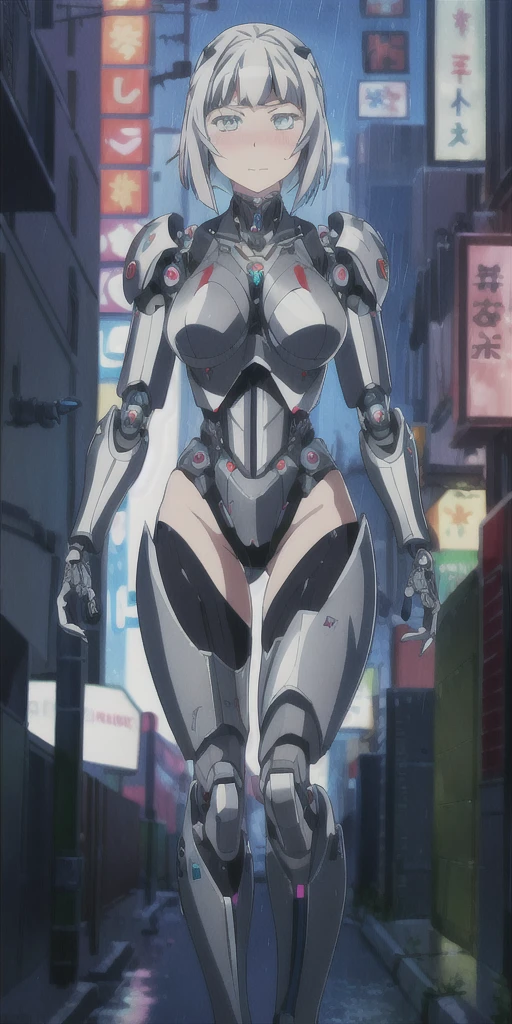 Anna nishikinomiya with the same body as a woman but only with armor that covers her entire body, has a (robotic armor) turned into a Cyborg, of the shoulders and torso, and robotic legs without garments or clothing only Cyborg armor, in a raining alley of a cyberpunk city, absurdities, high resolution, ultra detailed, (1 girl:1.8), BREAK,
high technology, dystopia, Cyborgs, broken capitalism, inequality, oppression REST,
vibrant colors, neon lightning, Modern Art 