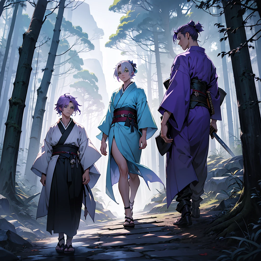 make a 24 year old boy with short white hair and green eyes wearing a torn kimono and with a katana on his waist walking next to a 31 year old girl with purple hair and light eyes wearing a light blue kimono behind a large mountain around a dense forest of dark and fantasy aesthetics
