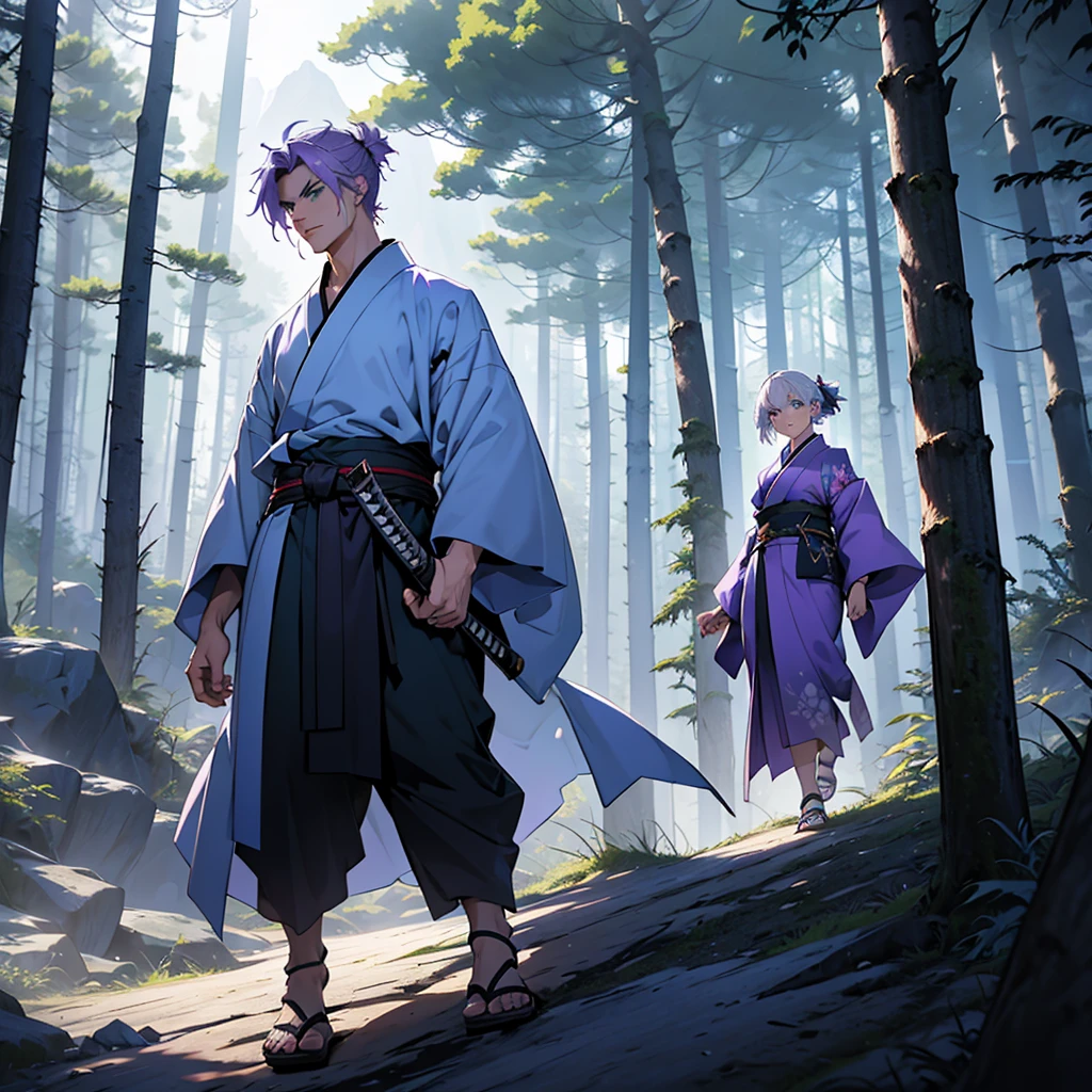 make a 24 year old boy with short white hair and green eyes wearing a torn kimono and with a katana on his waist walking next to a 31 year old girl with purple hair and light eyes wearing a light blue kimono behind a large mountain around a dense forest of dark and fantasy aesthetics